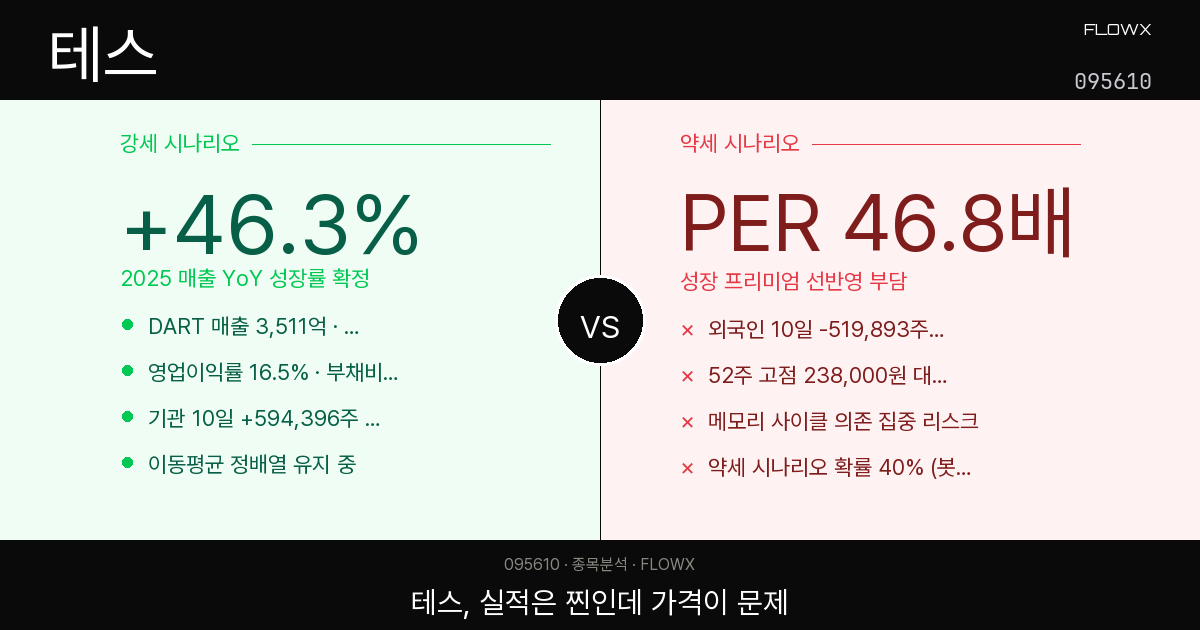 테스(095610) 주가 분석 — 52주 10배 오른 반도체 장비주, 지금 들어가도 될까?