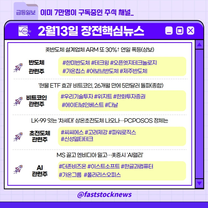 2월 13일 (화) [급등일보] 돈이 될 장전뉴스 & 관심종목! (한미반도체, 테크윙, 가온칩스, 제주반도체, 우리기술투자, 위지트, 씨씨에스... 
